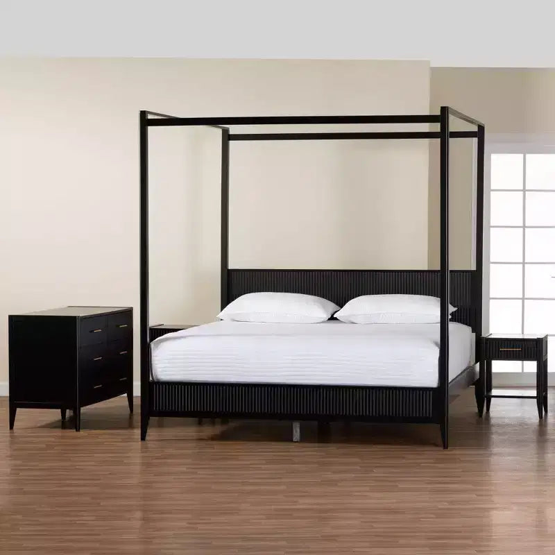 Baxton Studio Primrose Mid-Century Ivory Fluted Wood 4-Piece Canopy Bedroom Set