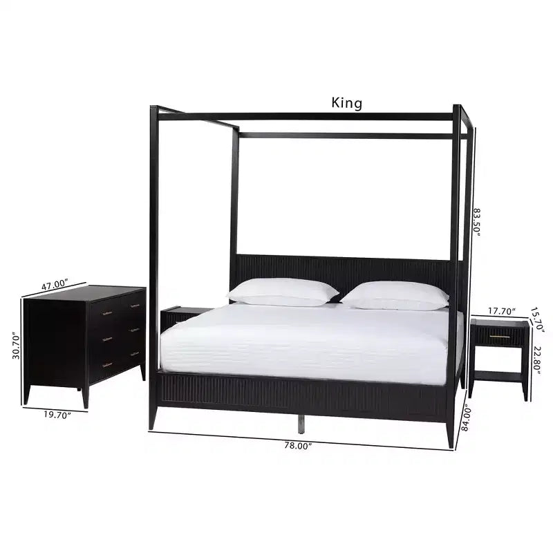 Baxton Studio Primrose Mid-Century Ivory Fluted Wood 4-Piece Canopy Bedroom Set