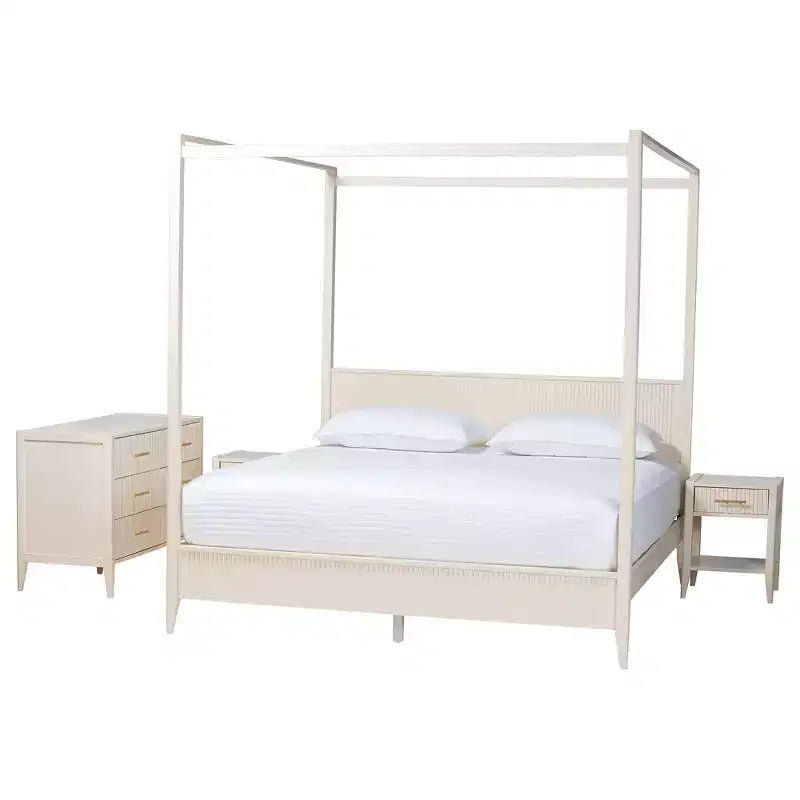 Baxton Studio Primrose Mid-Century Ivory Fluted Wood 4-Piece Canopy Bedroom Set