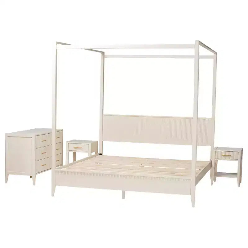 Baxton Studio Primrose Mid-Century Ivory Fluted Wood 4-Piece Canopy Bedroom Set