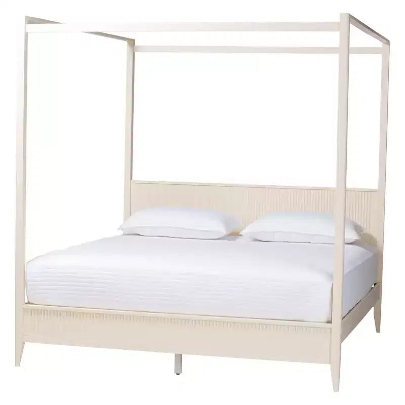 Baxton Studio Primrose Mid-Century Ivory Fluted Wood 4-Piece Canopy Bedroom Set