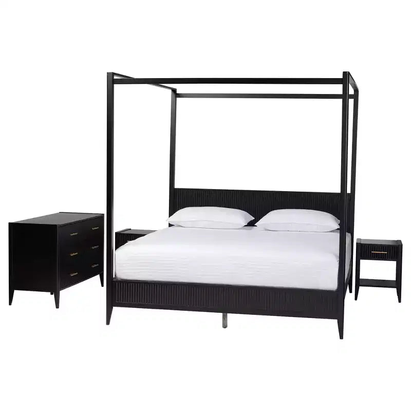 Baxton Studio Primrose Mid-Century Ivory Fluted Wood 4-Piece Canopy Bedroom Set