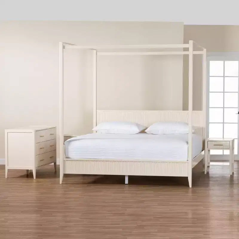 Baxton Studio Primrose Mid-Century Ivory Fluted Wood 4-Piece Canopy Bedroom Set