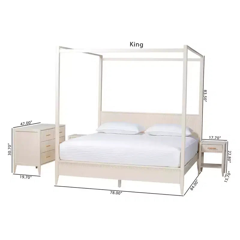 Baxton Studio Primrose Mid-Century Ivory Fluted Wood 4-Piece Canopy Bedroom Set