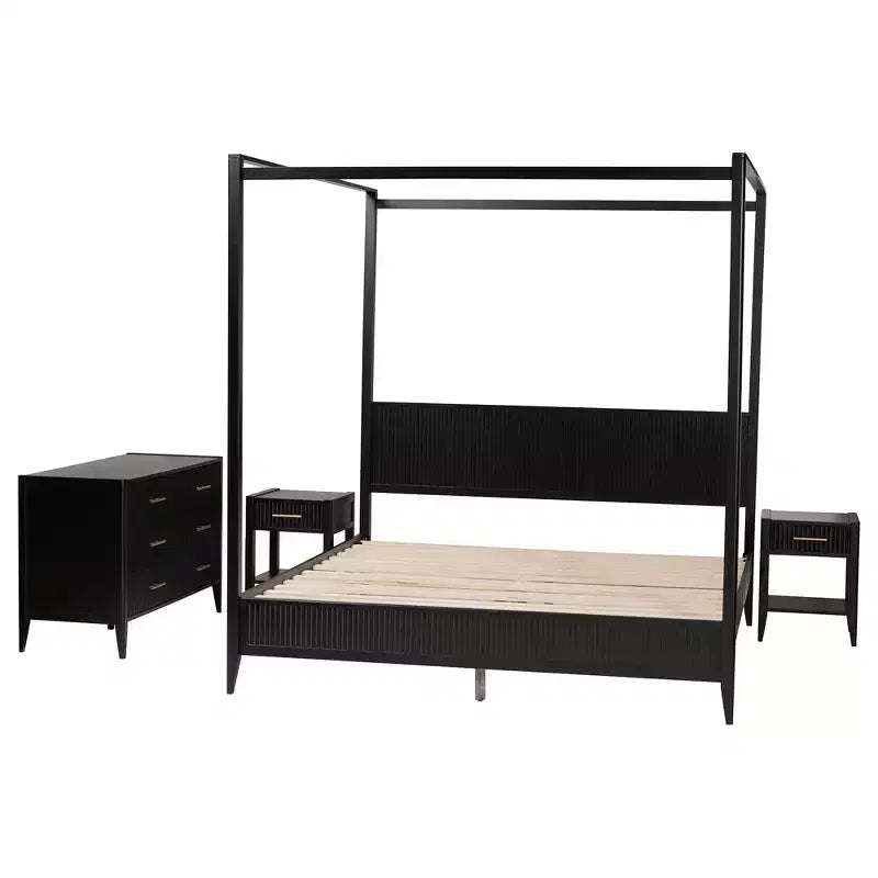 Baxton Studio Primrose Mid-Century Ivory Fluted Wood 4-Piece Canopy Bedroom Set