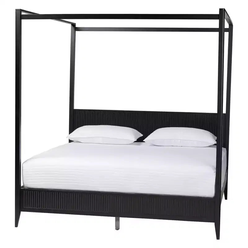 Baxton Studio Primrose Mid-Century Ivory Fluted Wood 4-Piece Canopy Bedroom Set