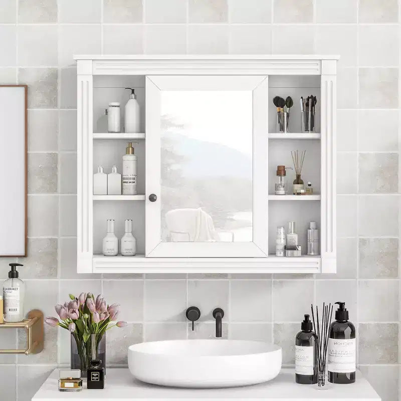 Wall-Mounted Bathroom Storage 35x28 - Mirrored Cabinet with Open Shelving