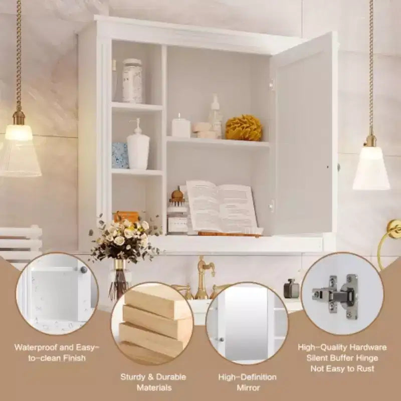 Wall-Mounted Bathroom Storage 35x28 - Mirrored Cabinet with Open Shelving