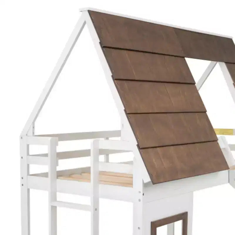Wood Twin Size House Bunk Bed with Roof, Ladder and Slide, White+Brown