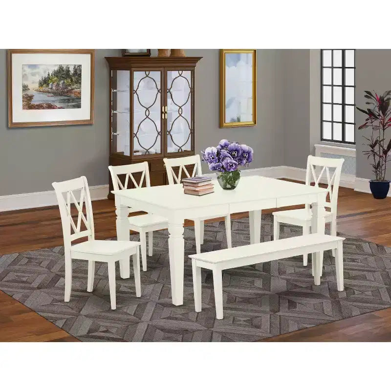 HomeStock 6 Piece Linen White Dining Room Furniture Set Rectangle Table and Chairs