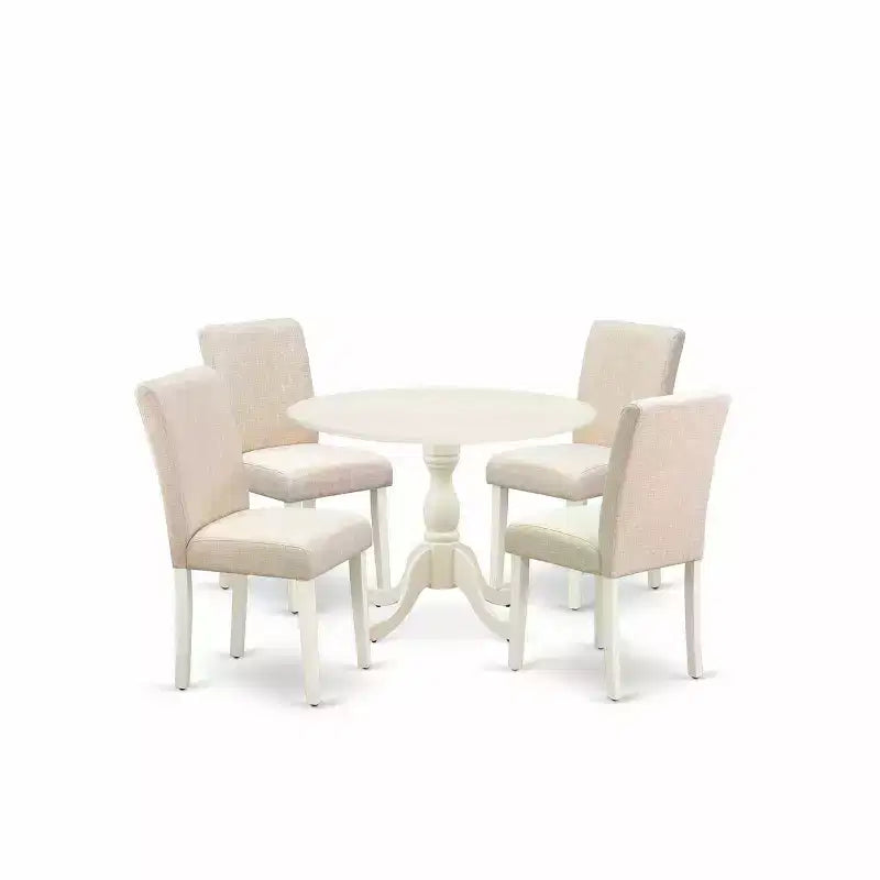 HomeStock 5 Piece Round Dining Table Set Linen Fabric Parsons Chairs