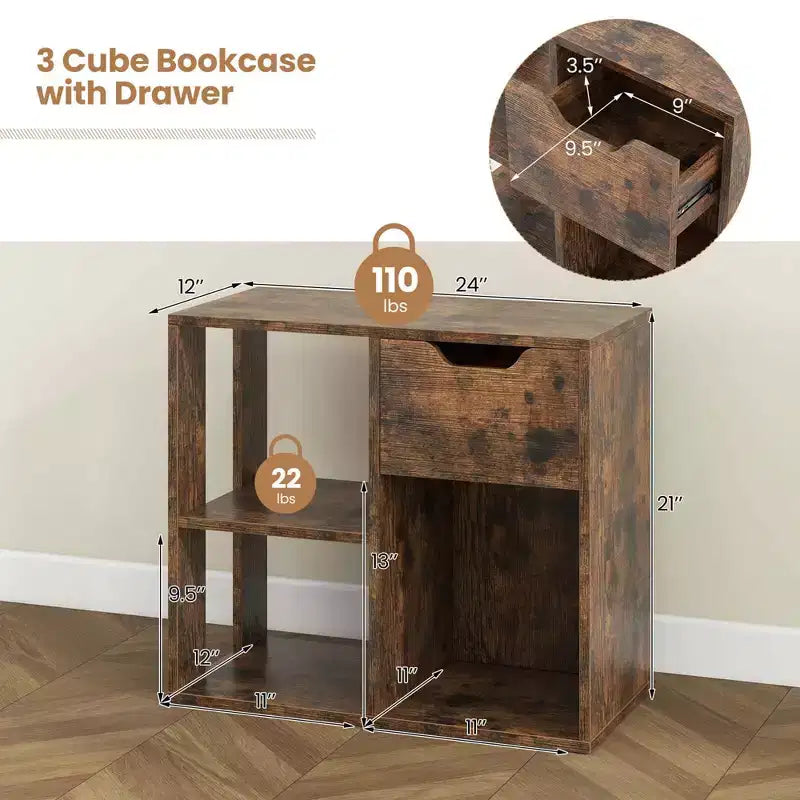 Costway 1/2 PCS 3-Cube Bookshelf 2-Tier Open Shelf Bookcase with Drawer Home Storage Organizer