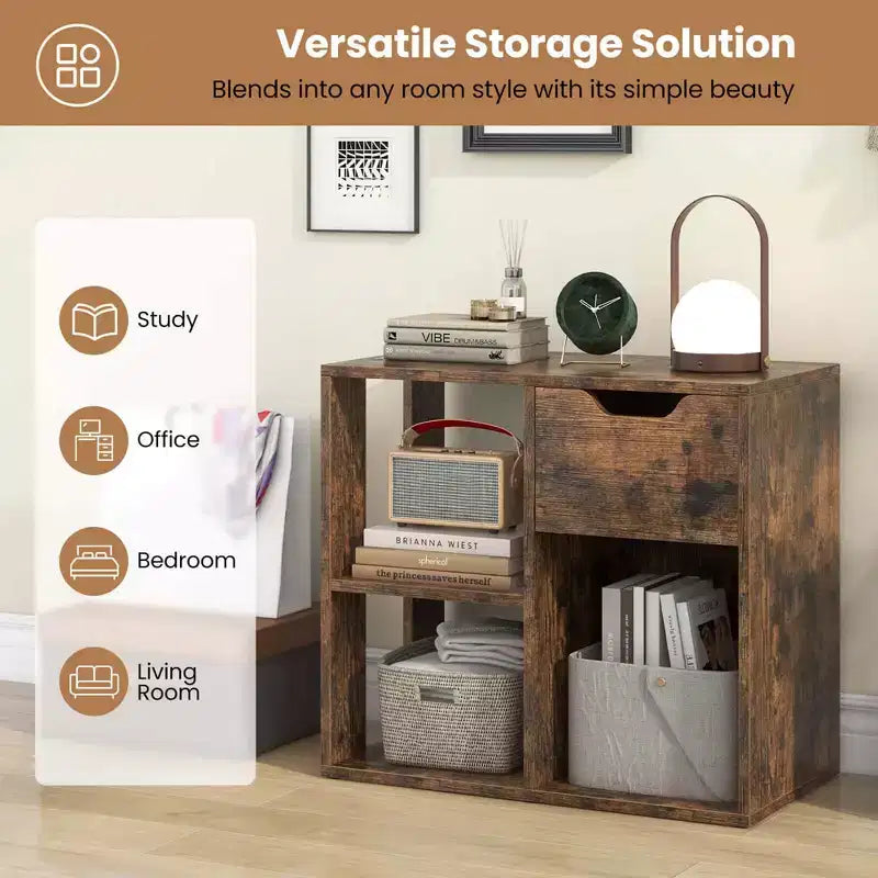 Costway 1/2 PCS 3-Cube Bookshelf 2-Tier Open Shelf Bookcase with Drawer Home Storage Organizer