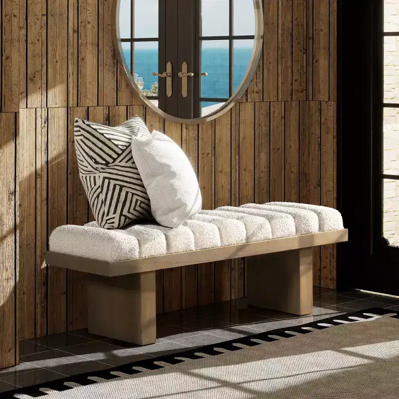 Jennifer Taylor Home Bella 52 Upholstered Modern Accent Bench, Ivory White Boucle