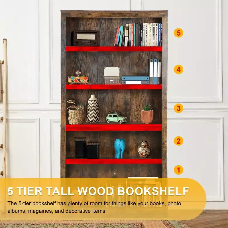 BestMassage 5 Tier Wooden Bookshelf Bookcase and Easy Access for Living Room Bedroom Office, Brown