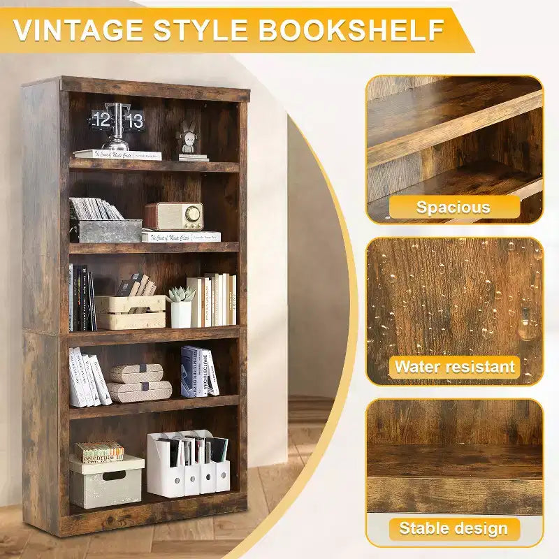 BestMassage 5 Tier Wooden Bookshelf Bookcase and Easy Access for Living Room Bedroom Office, Brown