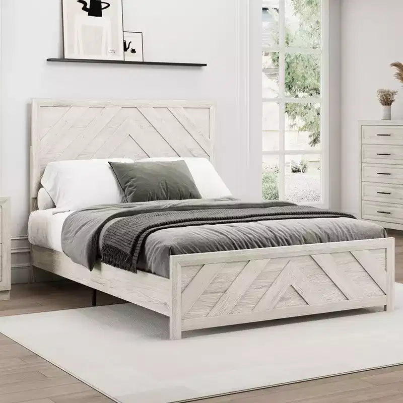 Furniture Bedroom Set 5-Piece Antique Natural Queen Size Wood Bedroom Set - Bed, 2 Chest, Mirror and Nightstand