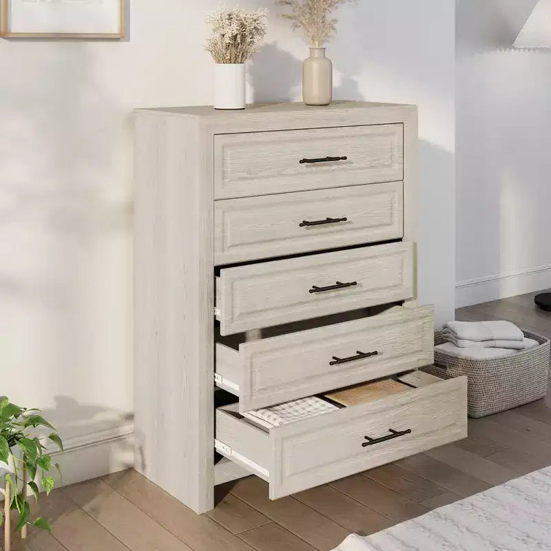 Furniture Bedroom Set 5-Piece Antique Natural Queen Size Wood Bedroom Set - Bed, 2 Chest, Mirror and Nightstand