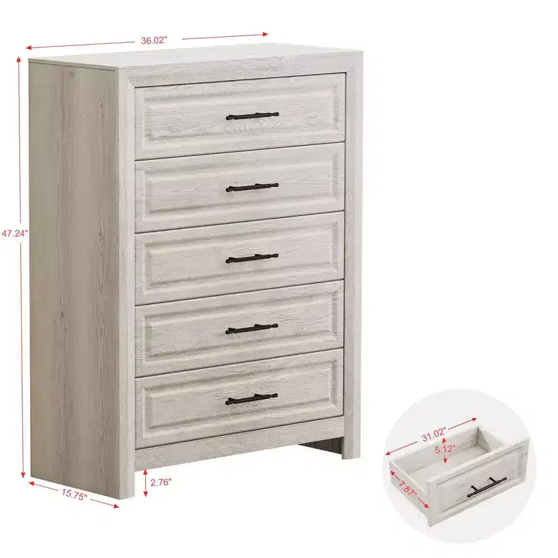 Furniture Bedroom Set 5-Piece Antique Natural Queen Size Wood Bedroom Set - Bed, 2 Chest, Mirror and Nightstand
