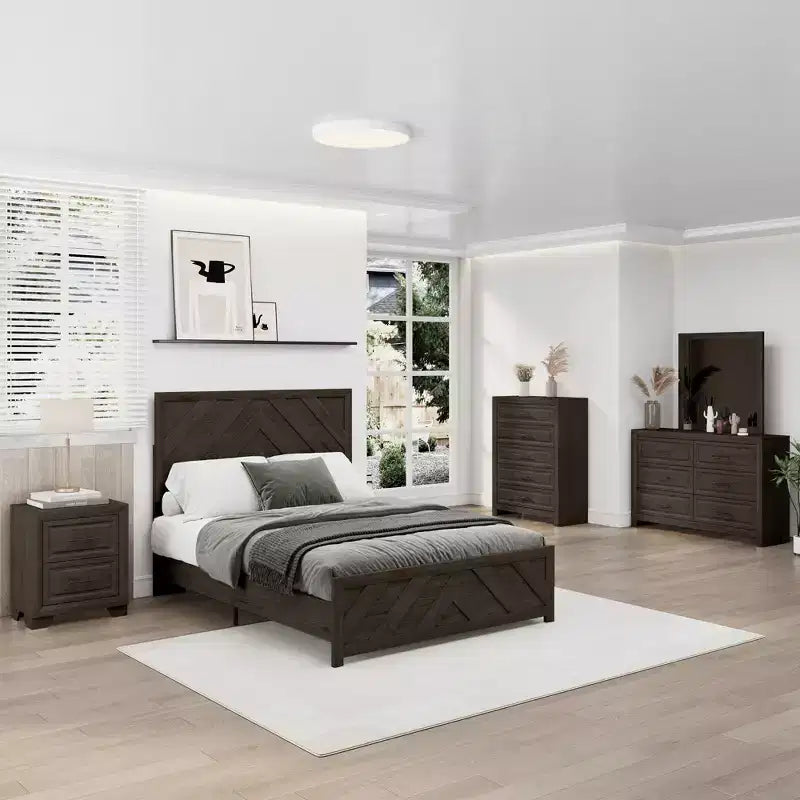 Furniture Bedroom Set 5-Piece Antique Natural Queen Size Wood Bedroom Set - Bed, 2 Chest, Mirror and Nightstand