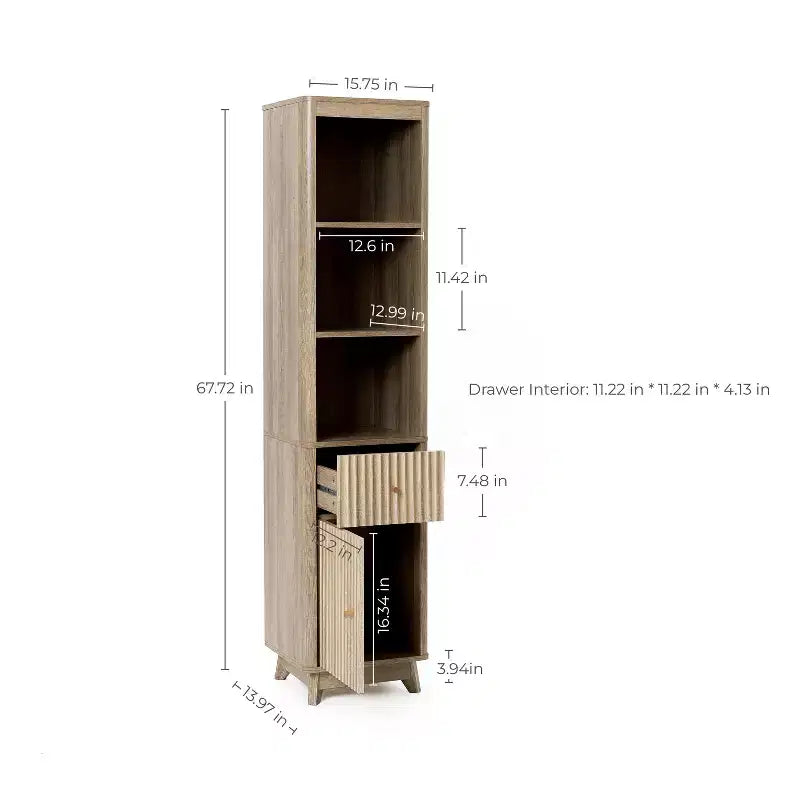 LuxenHome Natural Finish Wave-Patterned Manufactured Wood 1-Drawer 1-Door Bathroom Tower Cabinet Brown