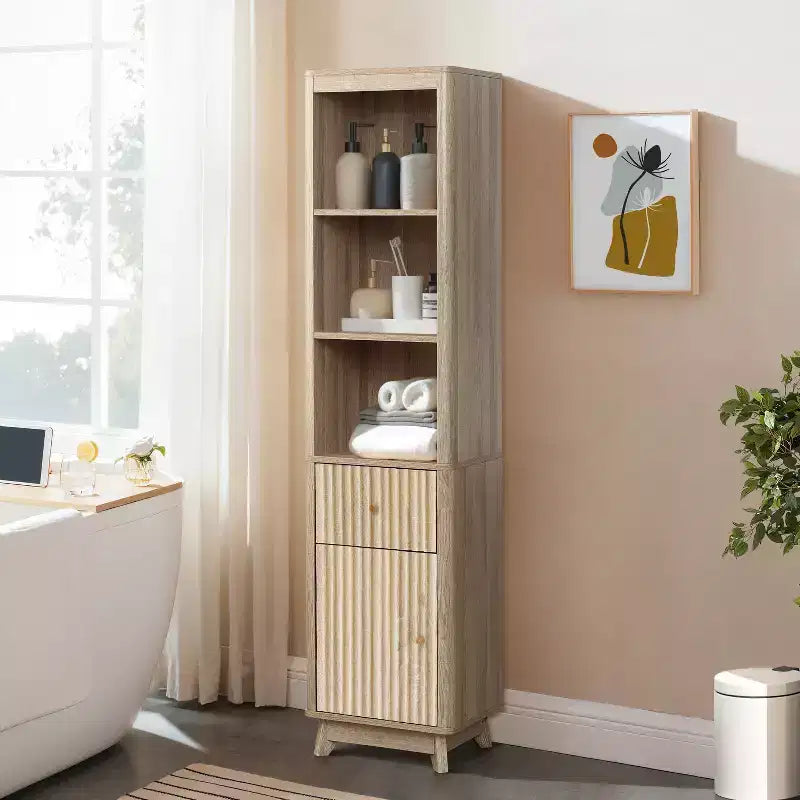 LuxenHome Natural Finish Wave-Patterned Manufactured Wood 1-Drawer 1-Door Bathroom Tower Cabinet Brown