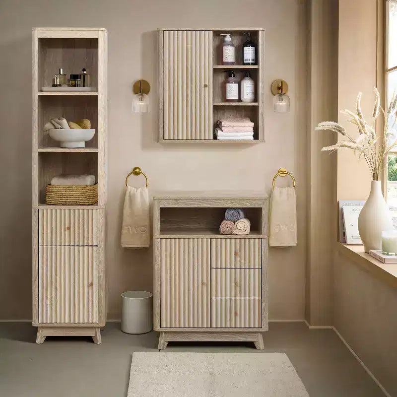 LuxenHome Natural Finish Wave-Patterned Manufactured Wood 1-Drawer 1-Door Bathroom Tower Cabinet Brown