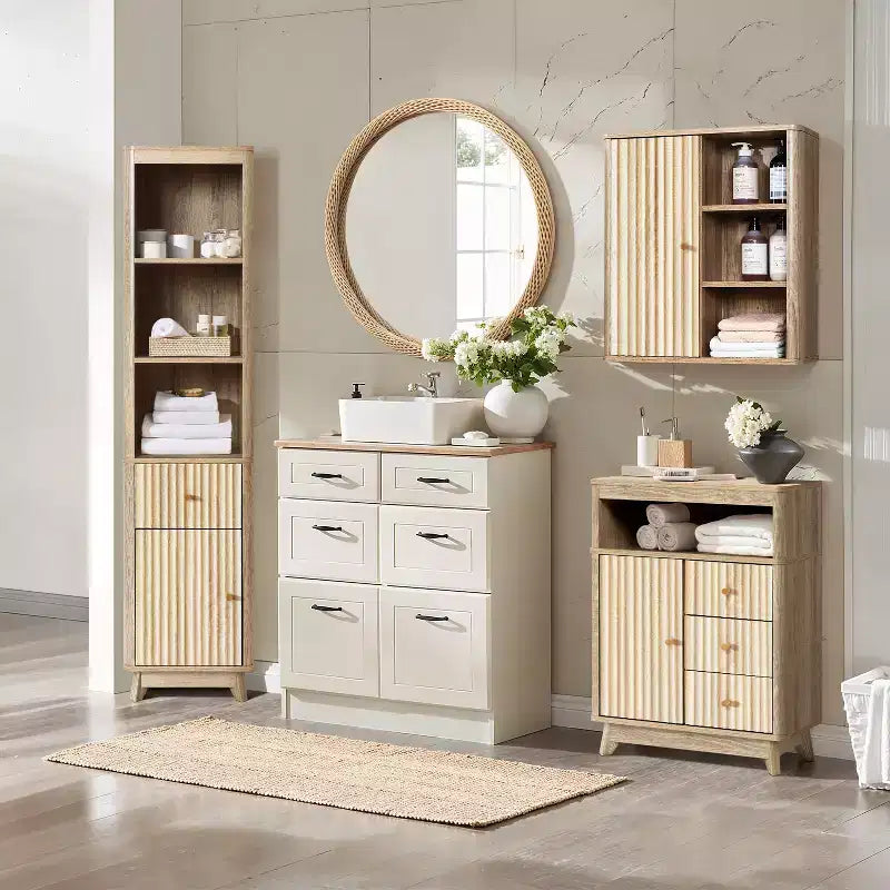 LuxenHome Natural Finish Wave-Patterned Manufactured Wood 1-Drawer 1-Door Bathroom Tower Cabinet Brown