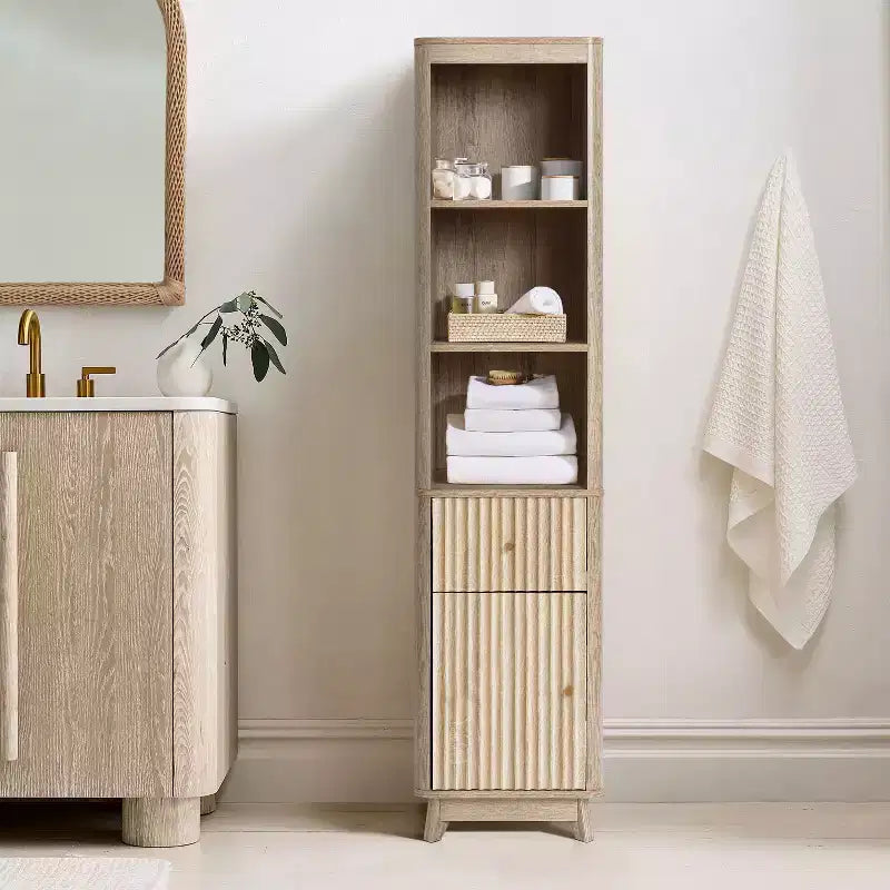 LuxenHome Natural Finish Wave-Patterned Manufactured Wood 1-Drawer 1-Door Bathroom Tower Cabinet Brown