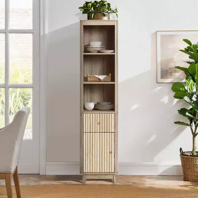 LuxenHome Natural Finish Wave-Patterned Manufactured Wood 1-Drawer 1-Door Bathroom Tower Cabinet Brown