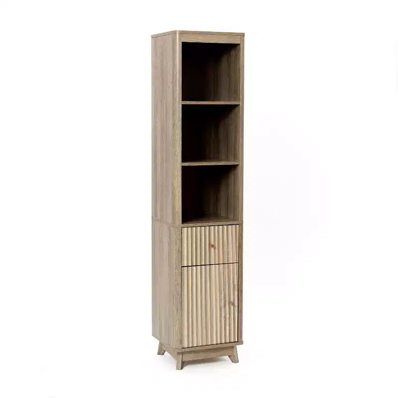 LuxenHome Natural Finish Wave-Patterned Manufactured Wood 1-Drawer 1-Door Bathroom Tower Cabinet Brown