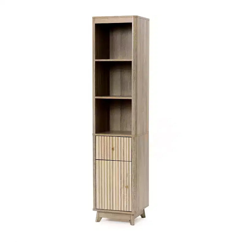 LuxenHome Natural Finish Wave-Patterned Manufactured Wood 1-Drawer 1-Door Bathroom Tower Cabinet Brown