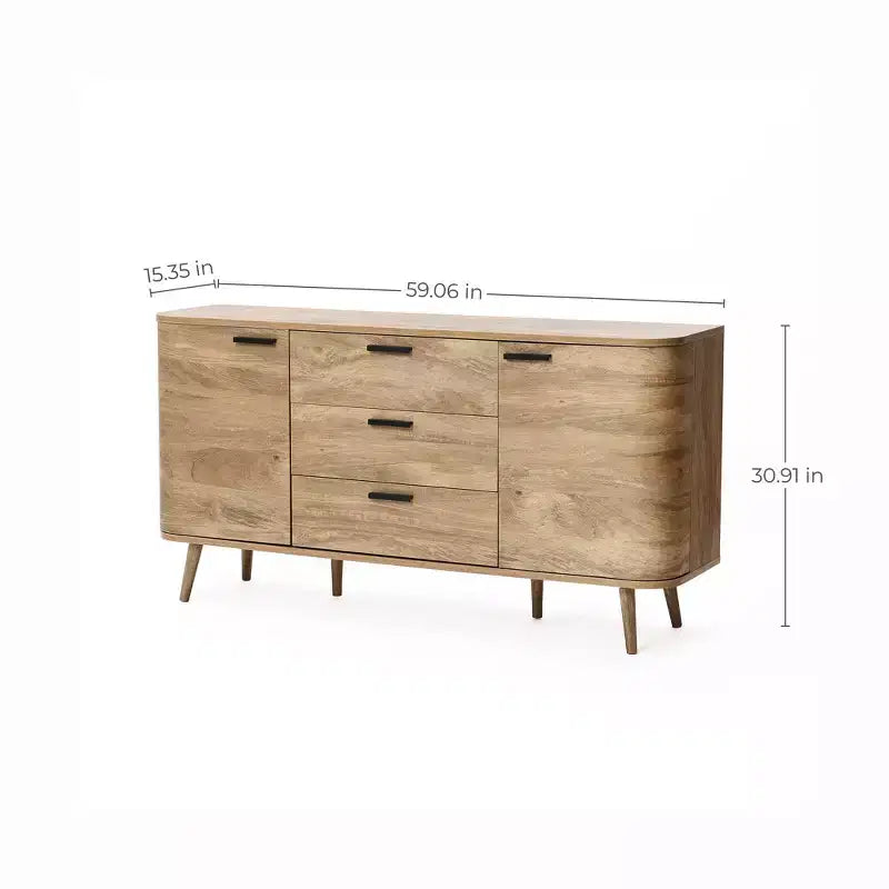LuxenHome Sideboard Buffet Cabinet with Storage, 59'' Wide Natural Oak Manufactured Wood Accent Console Cabinet with 2-Door and 3-Drawer
