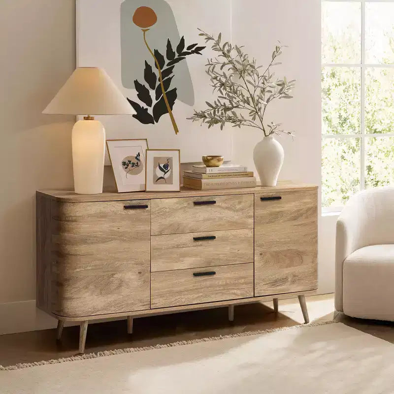 LuxenHome Sideboard Buffet Cabinet with Storage, 59'' Wide Natural Oak Manufactured Wood Accent Console Cabinet with 2-Door and 3-Drawer