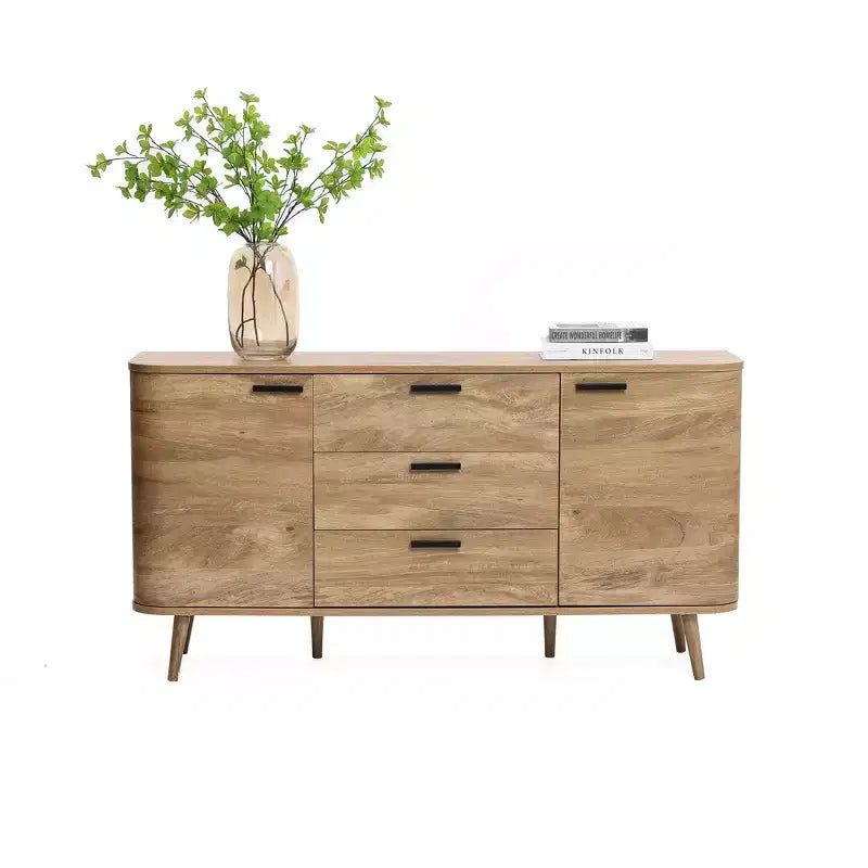 LuxenHome Sideboard Buffet Cabinet with Storage, 59'' Wide Natural Oak Manufactured Wood Accent Console Cabinet with 2-Door and 3-Drawer