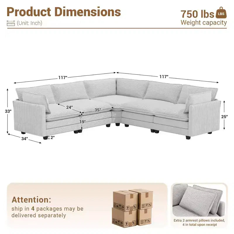 Hyleory 117 Modern Corduroy 5 seater Couch Sectional Sofa for Living Room