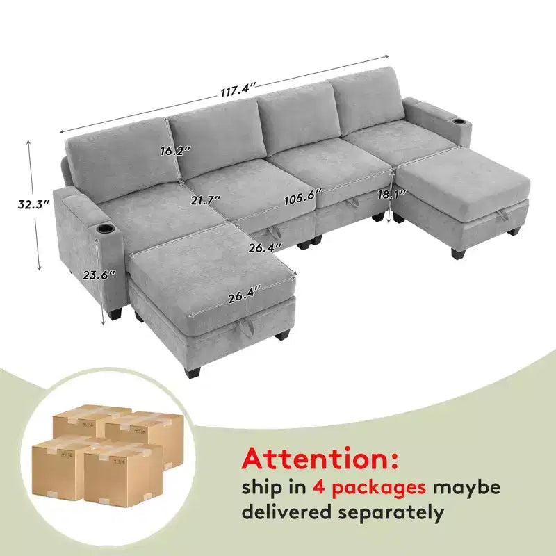 Hyleory 117 Modern Corduroy 5 seater Couch Sectional Sofa for Living Room