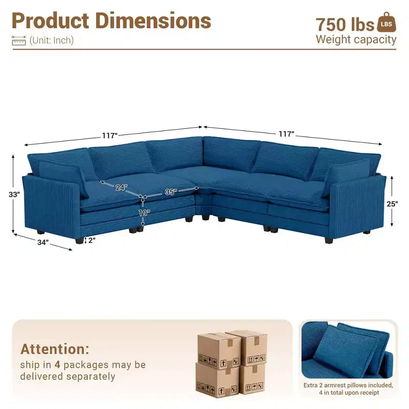 Hyleory 117 Modern Corduroy 5 seater Couch Sectional Sofa for Living Room