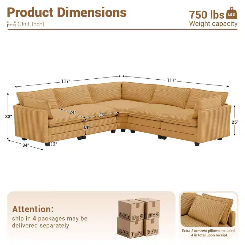 Hyleory 117 Modern Corduroy 5 seater Couch Sectional Sofa for Living Room