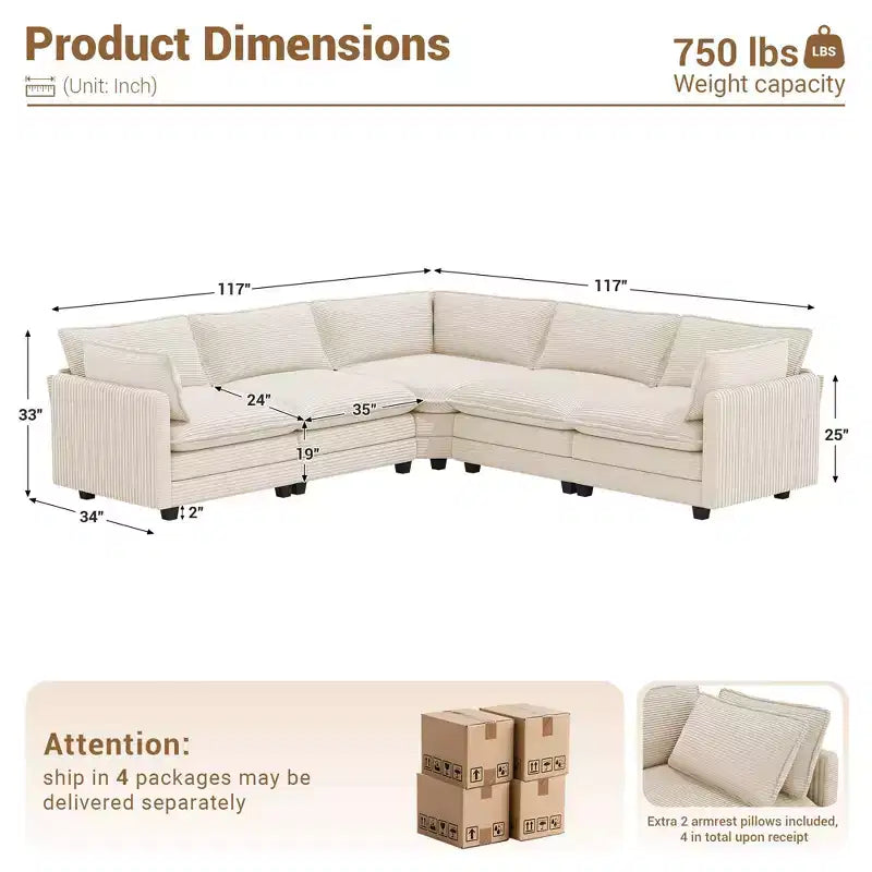 Hyleory 117 Modern Corduroy 5 seater Couch Sectional Sofa for Living Room