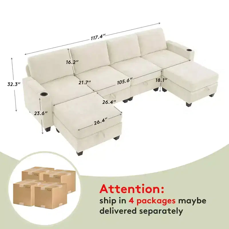 Hyleory 117 Modern Corduroy 5 seater Couch Sectional Sofa for Living Room