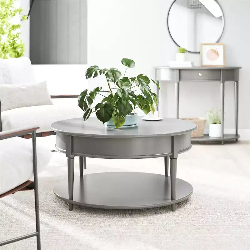 RealRooms Arielle Round Two-Shelf Coffee Table, Gray