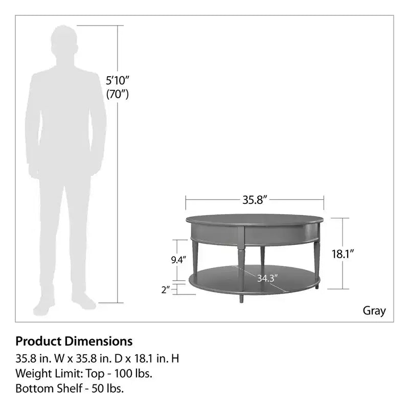 RealRooms Arielle Round Two-Shelf Coffee Table, Gray