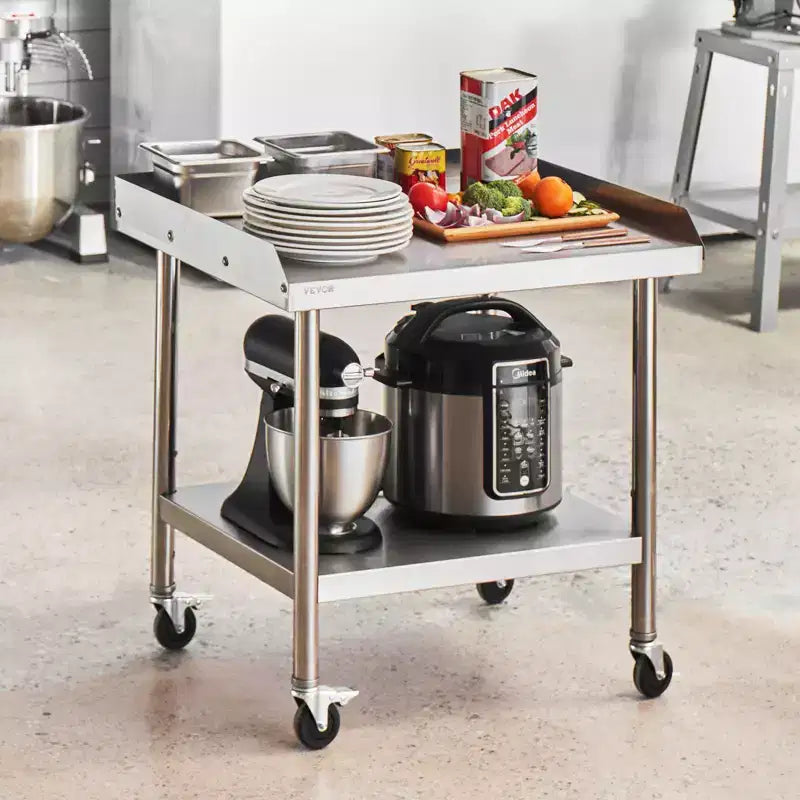 VEVOR Stainless Steel Work Table, 24 x 28 x 30 Inch Commercial Food Prep Worktable with 4 Wheels,Casters,3-Sided Backsplash HeavyDuty Prep Worktable