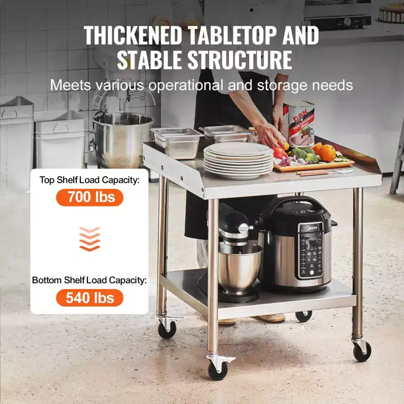 VEVOR Stainless Steel Work Table, 24 x 28 x 30 Inch Commercial Food Prep Worktable with 4 Wheels,Casters,3-Sided Backsplash HeavyDuty Prep Worktable