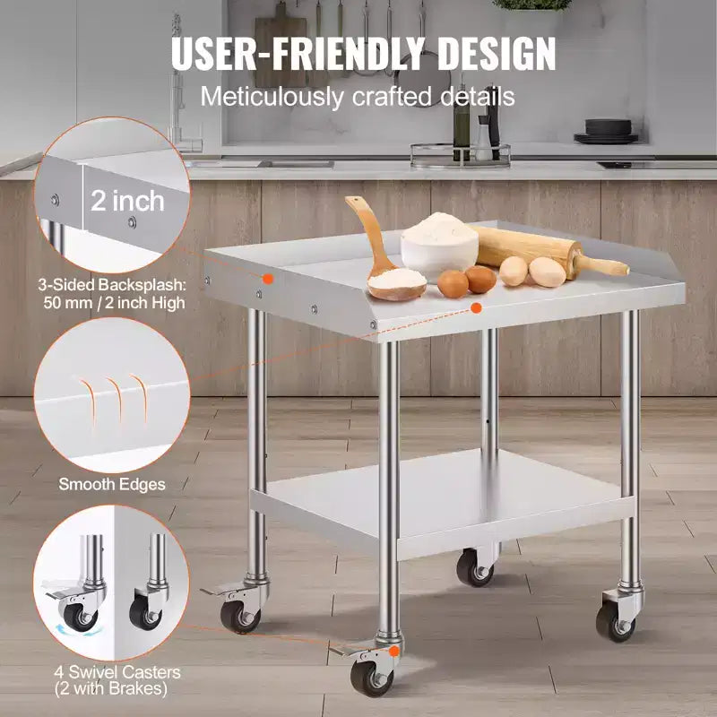 VEVOR Stainless Steel Work Table, 24 x 28 x 30 Inch Commercial Food Prep Worktable with 4 Wheels,Casters,3-Sided Backsplash HeavyDuty Prep Worktable