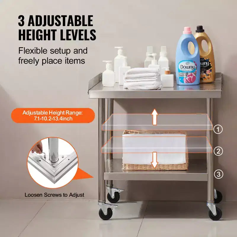 VEVOR Stainless Steel Work Table, 24 x 28 x 30 Inch Commercial Food Prep Worktable with 4 Wheels,Casters,3-Sided Backsplash HeavyDuty Prep Worktable