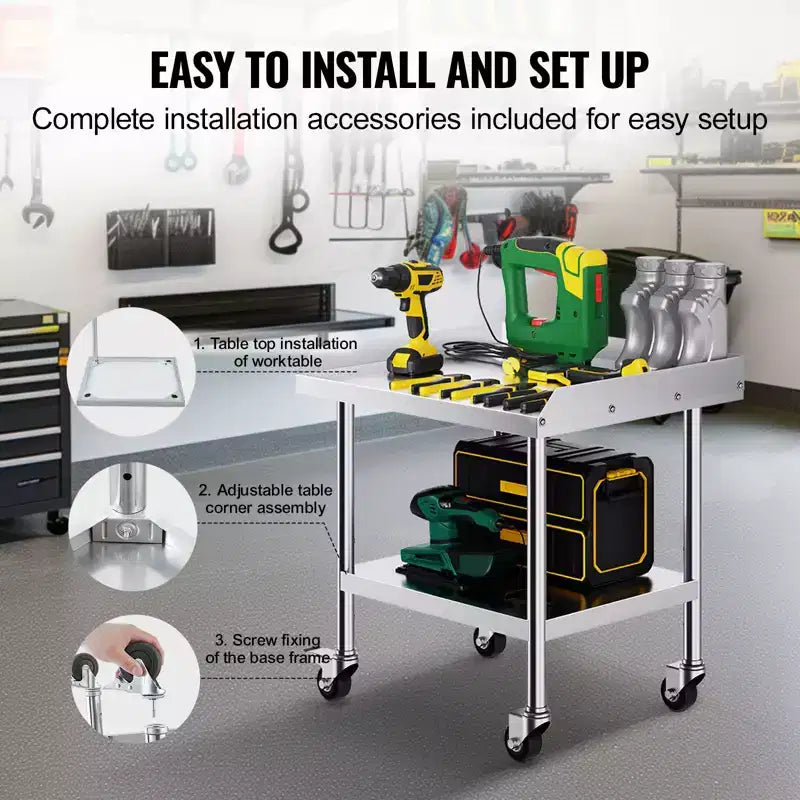 VEVOR Stainless Steel Work Table, 24 x 28 x 30 Inch Commercial Food Prep Worktable with 4 Wheels,Casters,3-Sided Backsplash HeavyDuty Prep Worktable
