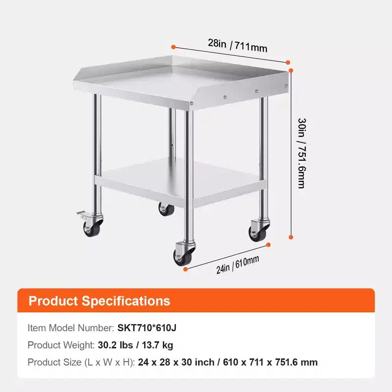 VEVOR Stainless Steel Work Table, 24 x 28 x 30 Inch Commercial Food Prep Worktable with 4 Wheels,Casters,3-Sided Backsplash HeavyDuty Prep Worktable