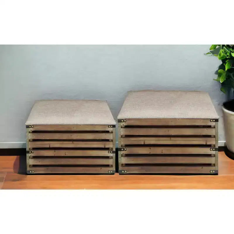 HomeRoots Set of Two Brown Wood Slat and Upholstery Storage Benches With Flip Top